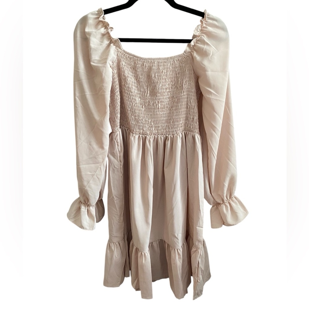 Apricot Square Neck Ruffle Long Sleeve Dress